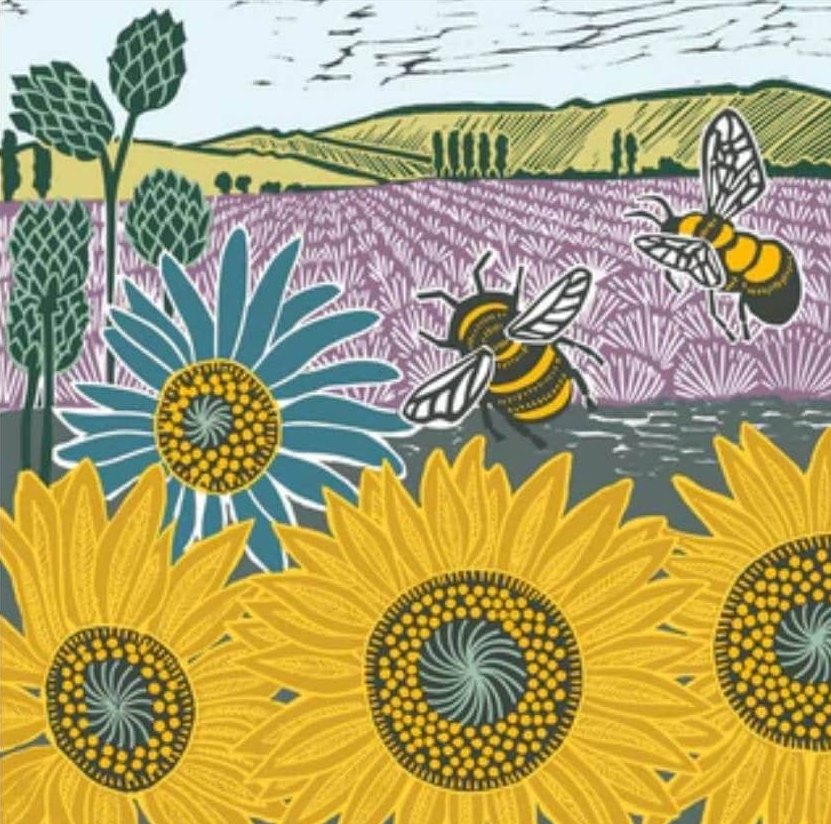 a painting of bees and sunflowers in a field
