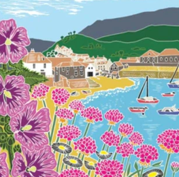 a painting of a beach with boats and flowers