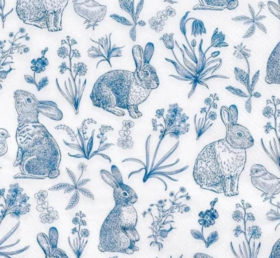 Blue & White Easter Bunny Toile Paper Napkin - Luncheon Size