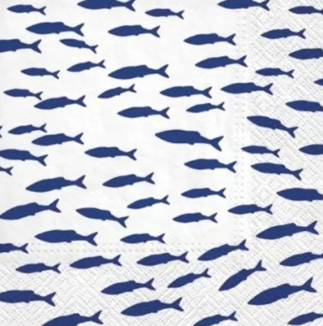 Blue & White Fish School Paper Napkin - Cocktail Size
