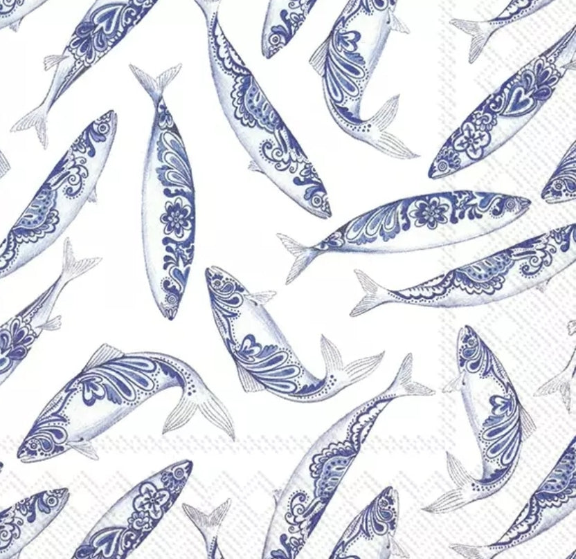 Blue & White Fish Paper Napkin - Cocktail Size