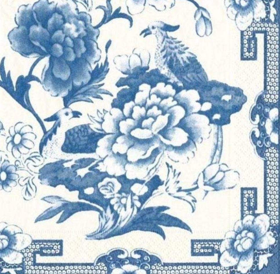 Blue & White Rose Paper Napkin - Cocktail Size