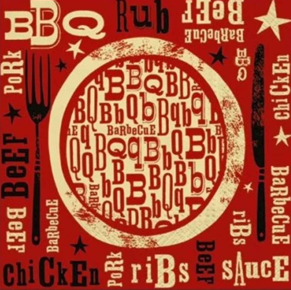 a red and white poster with a plate of food