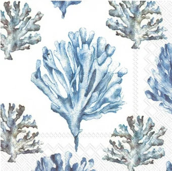 Blue & White Coral Paper Napkin - Cocktail Size