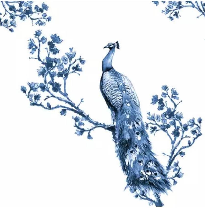 Blue & White Peacock Paper Napkin - Cocktail Size
