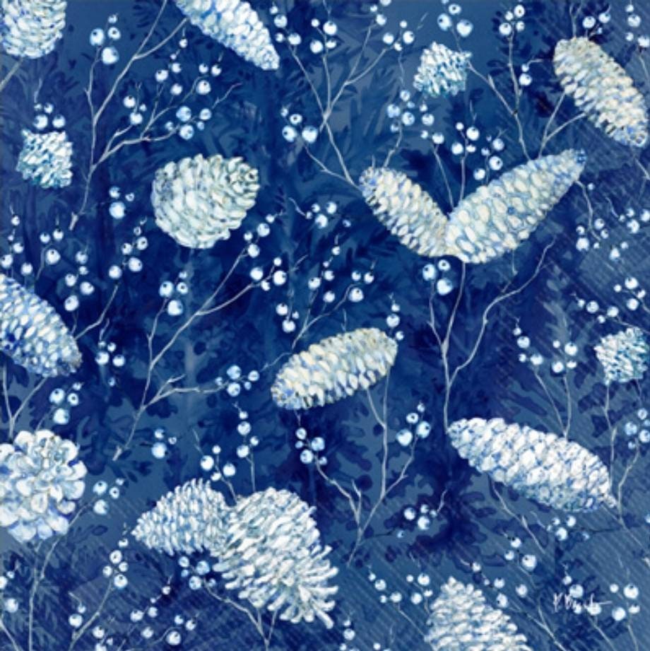 Blue & White Christmas Pinecone Paper Napkin - Cocktail Size