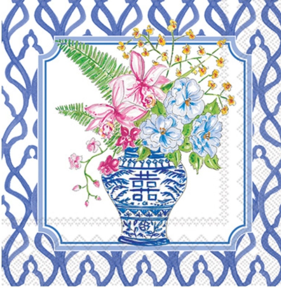 Blue & White Flower Bouquet Chinoiserie Vase Paper Napkin - Cocktail Size