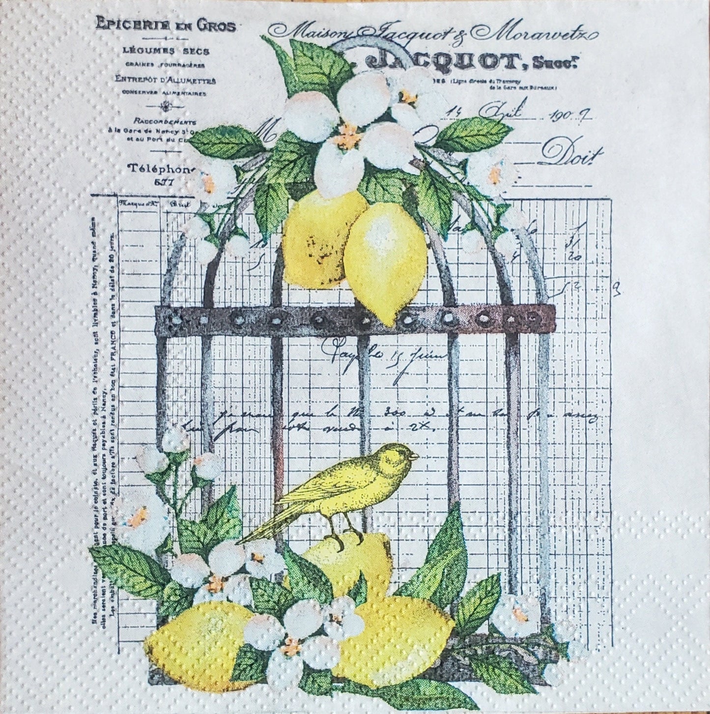 Bird Cage Lemon Paper Napkin - Cocktail Size