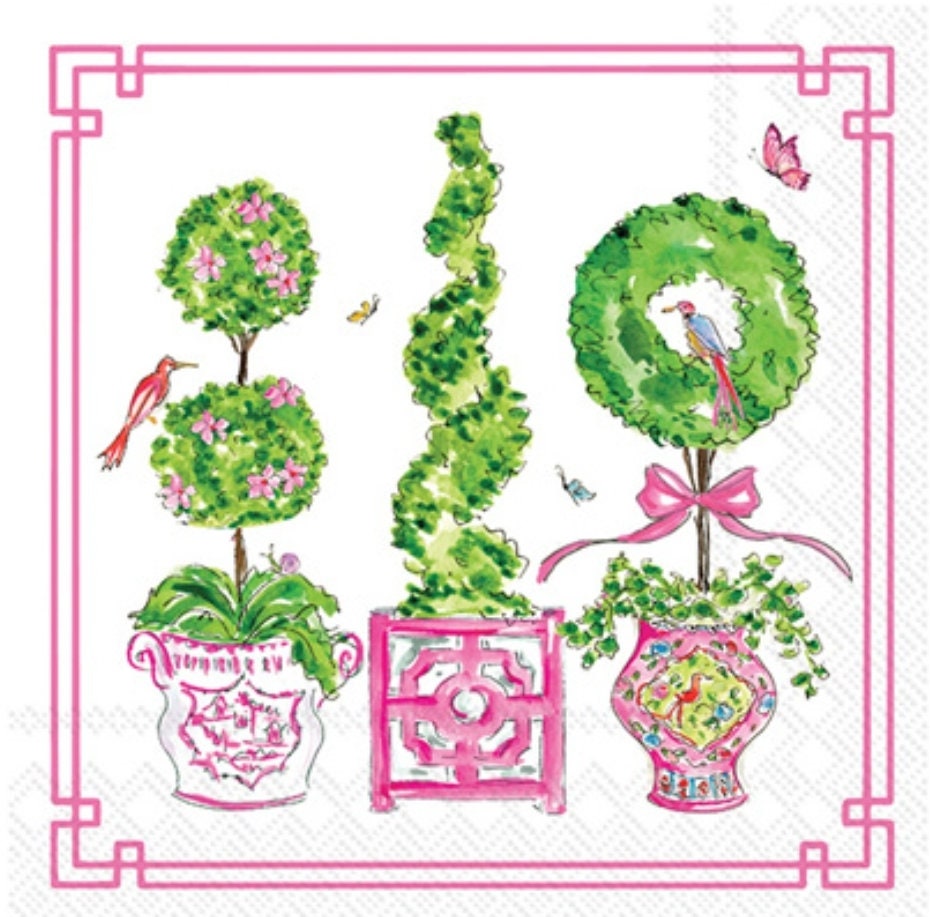 Spring Pink Topiary Trees Paper Napkin - Cocktail Size