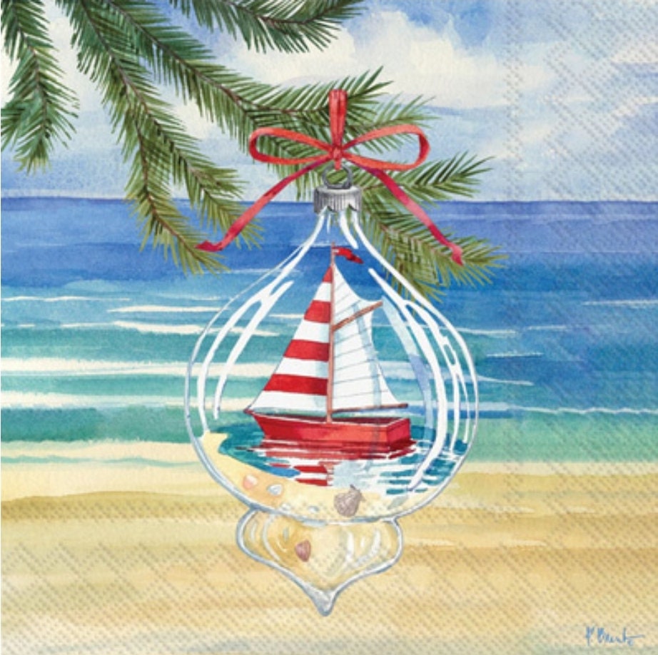 Beach Christmas Ship Ornaments Paper Napkin - Cocktail Size