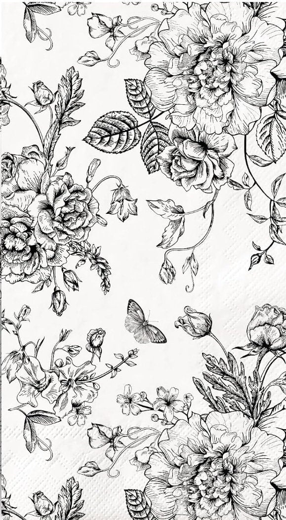 Black White Rose Toile Paper Napkin - Guest Size