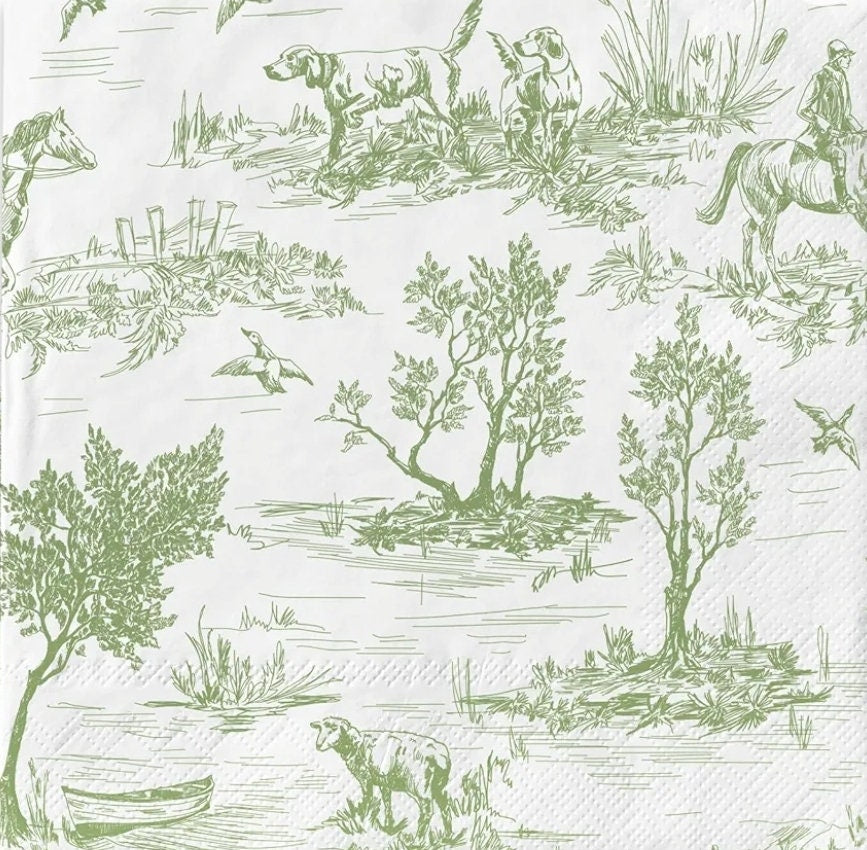 Green Toile Countryside Dogs Paper Napkin - Luncheon Size