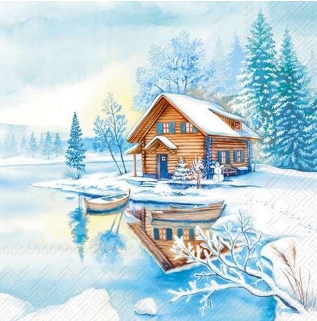Winter Cabin Boat Lake Scene Paper Napkin - Luncheon Size