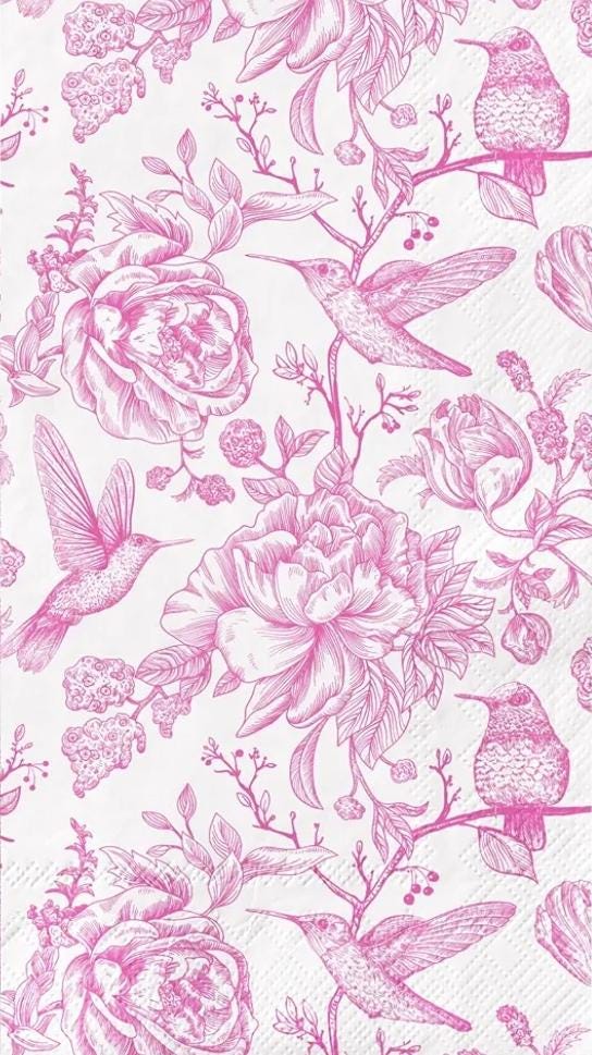 Pink Toile Floral Hummingbird Paper Napkin - Guest Size