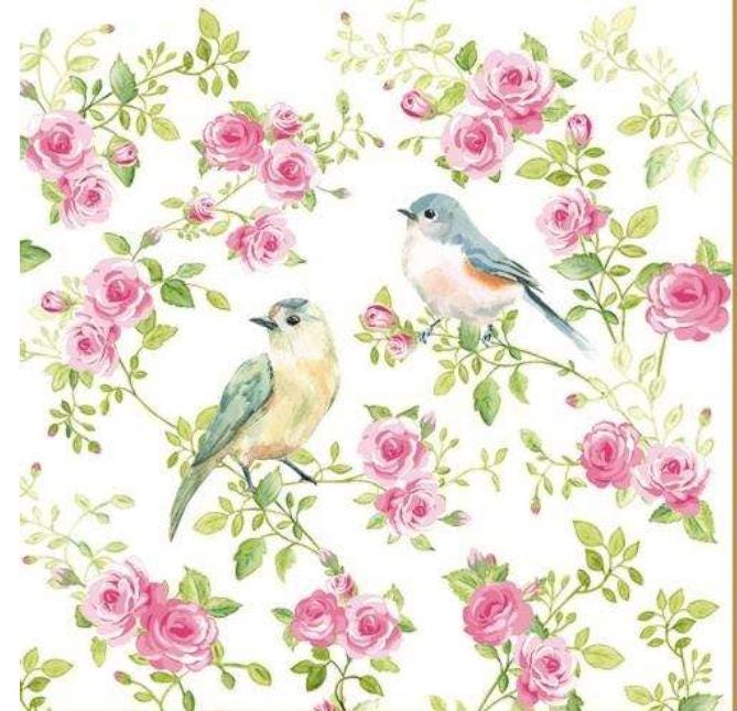 Birds & Roses Flower Napkin - Luncheon Size