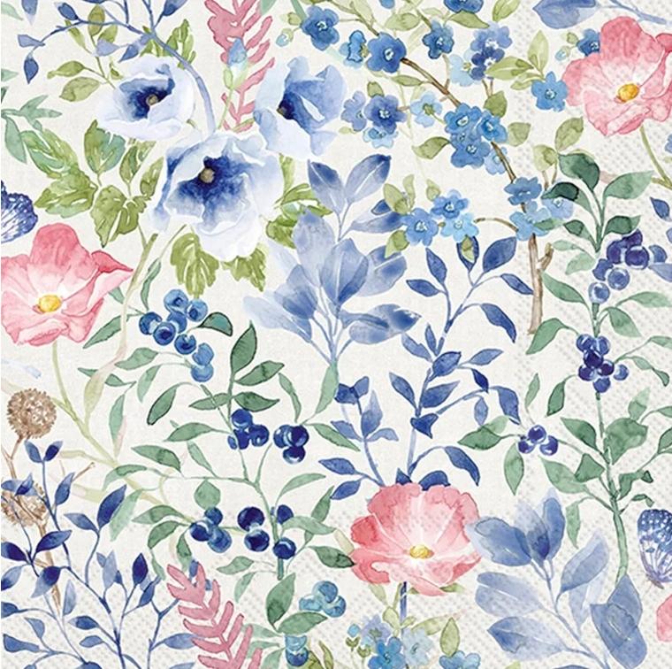 Blue & Pink Floral Paper Napkin - Cocktail Size