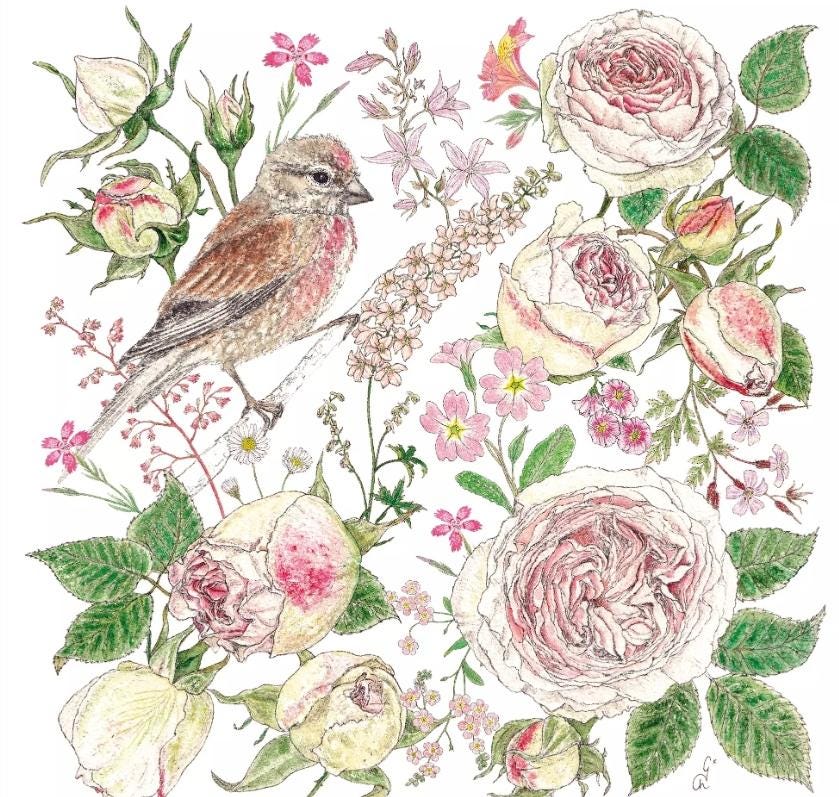 Birds & Rose Paper Napkin - Luncheon Size