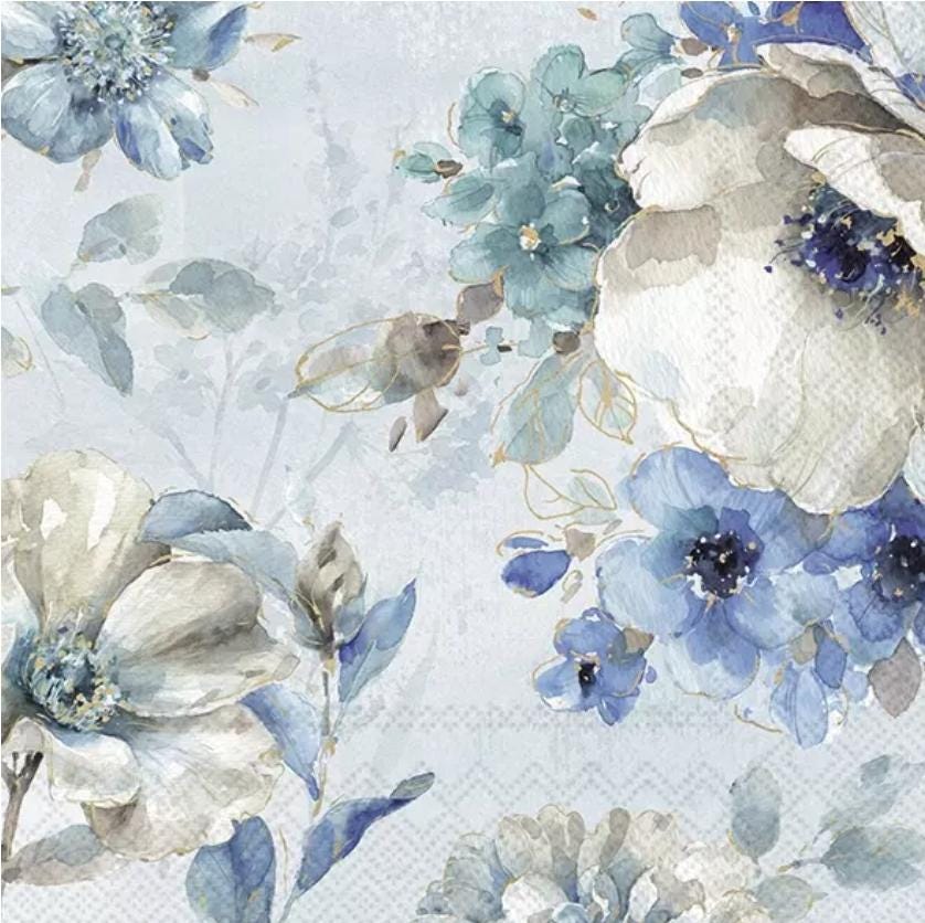 Blue & White Floral Paper Napkin - Cocktail Size
