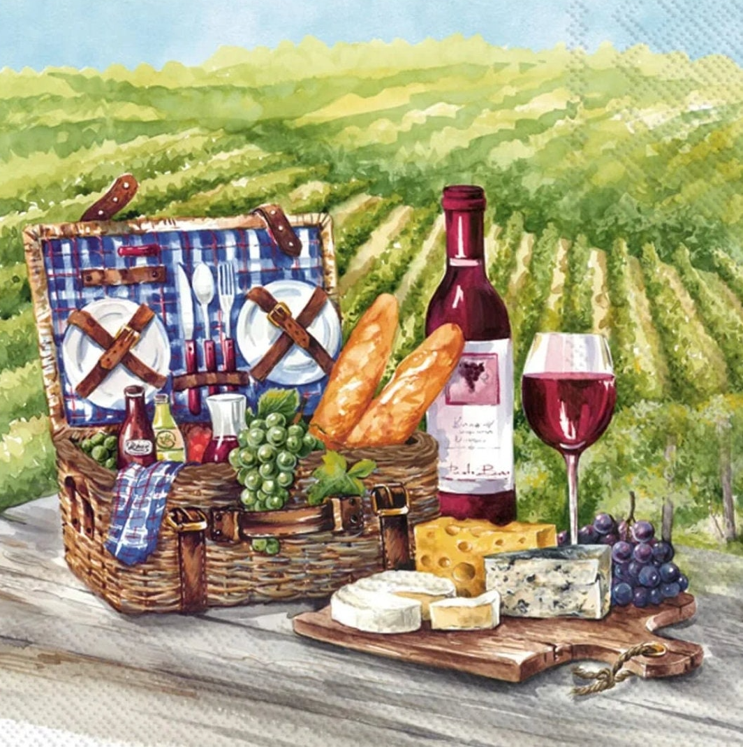 a painting of a picnic with wine and cheese