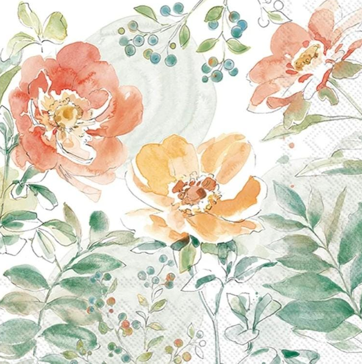 a painting of flowers and leaves on a white background
