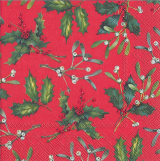 Christmas Holly Mistletoe Paper Napkin - Cocktail Size