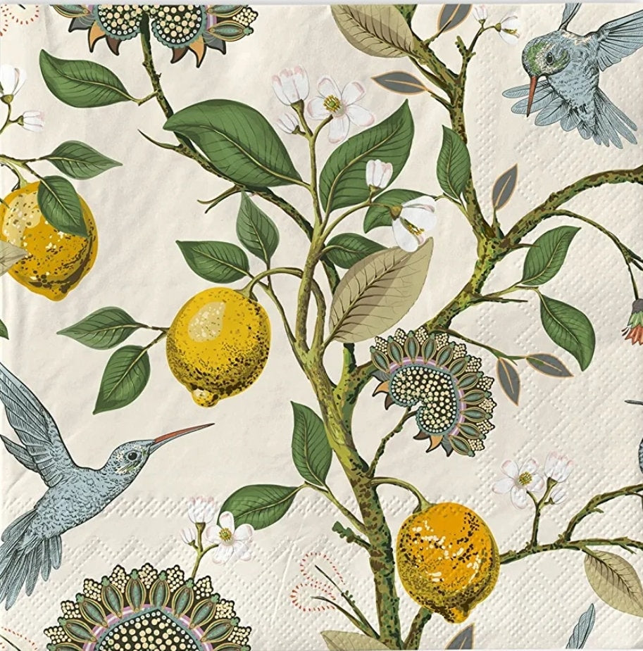 Hummingbird & Lemon Paper Napkin - Luncheon Size