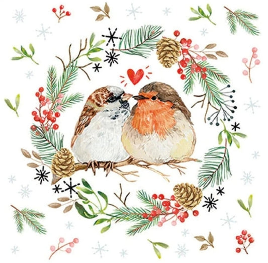 Christmas Love Bird Wreath Paper Napkin - Luncheon Size