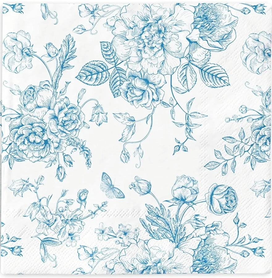 Blue & White Toile Flowers Roses Bouquets Paper Napkin - Luncheon Size