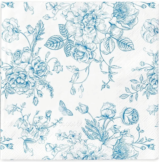 Blue & White Toile Flowers Roses Bouquets Paper Napkin - Luncheon Size