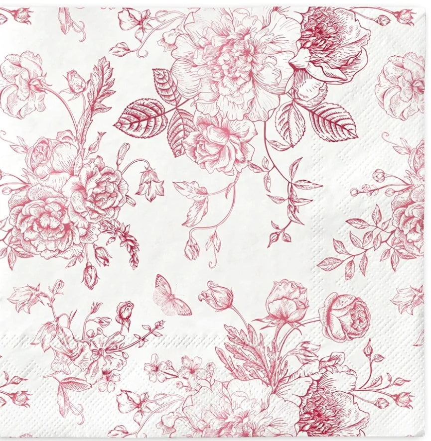 Red Toile Flower Paper Napkin - Luncheon Size