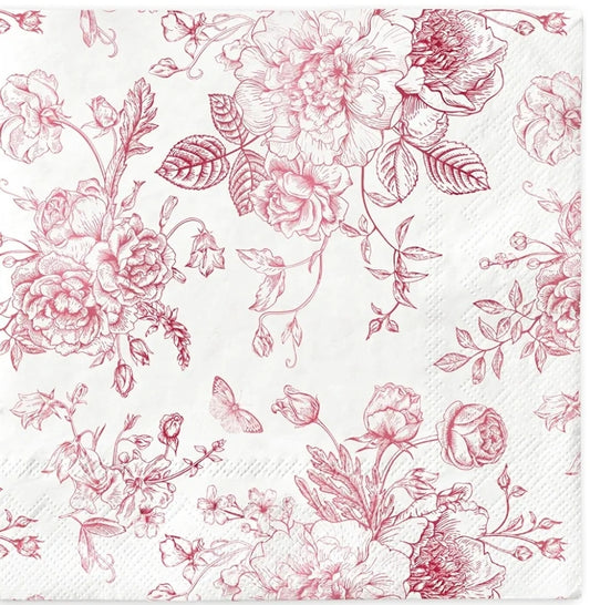 Red Toile Flower Paper Napkin - Luncheon Size