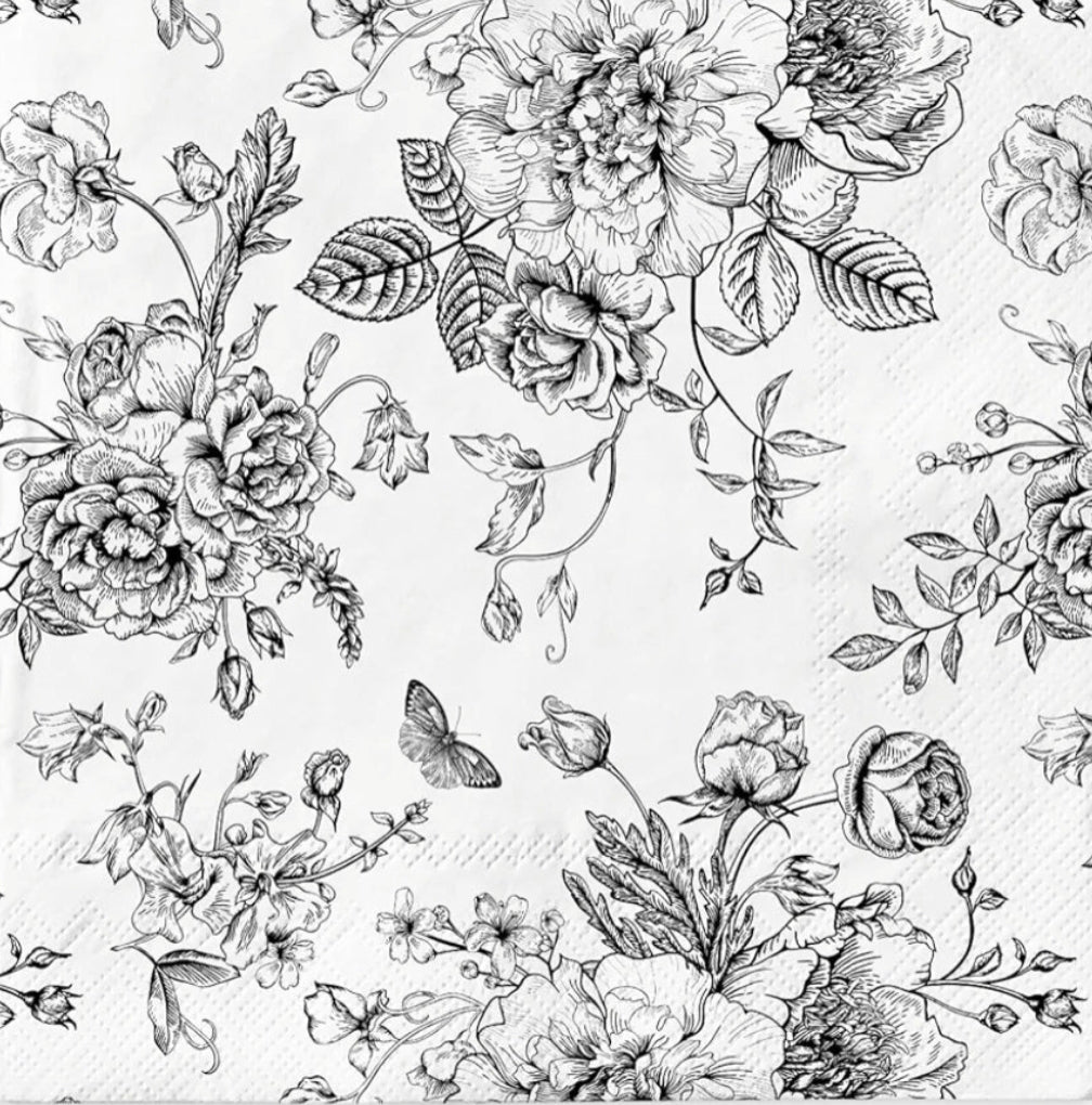Black Toile Flower  Paper Napkin - Luncheon Size