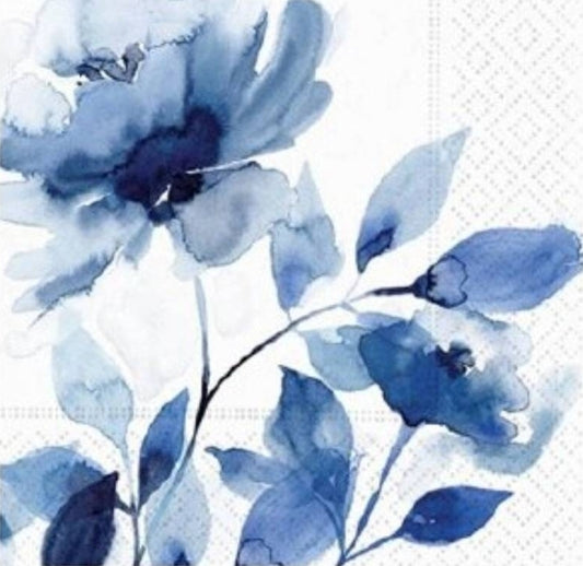 Blue & White Watercolor Flower Paper Napkin - Cocktail Size