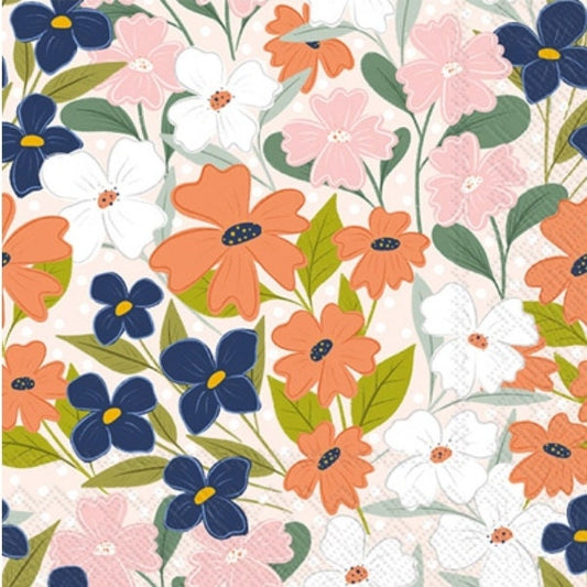 Orange & Navy Flowers Paper Napkin - Cocktail Size
