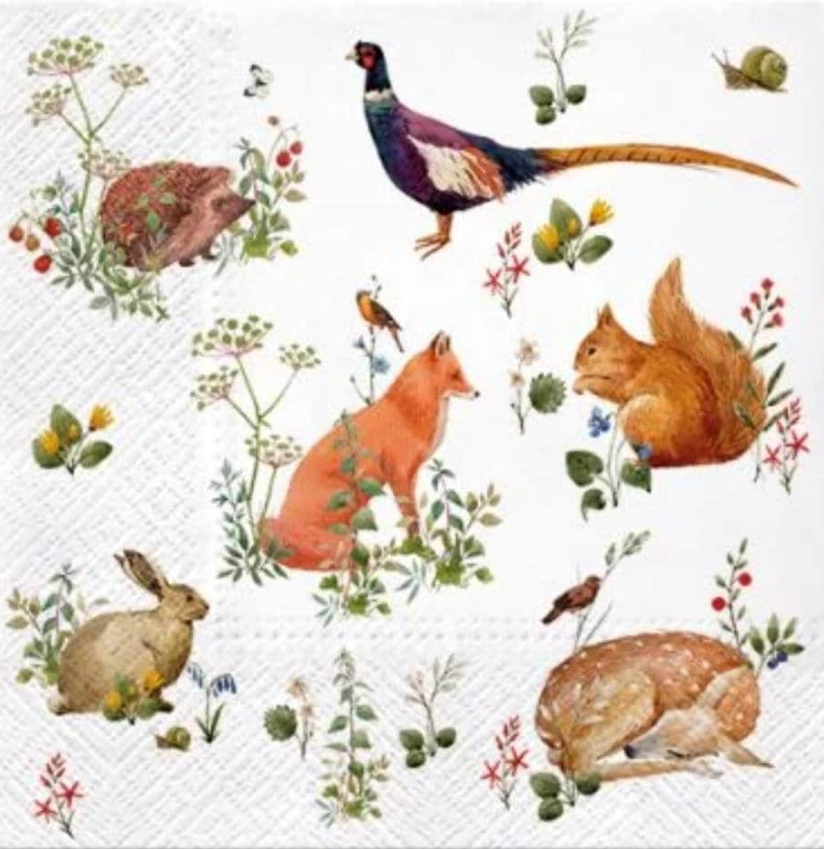 a paper napkin with animals and plants on it