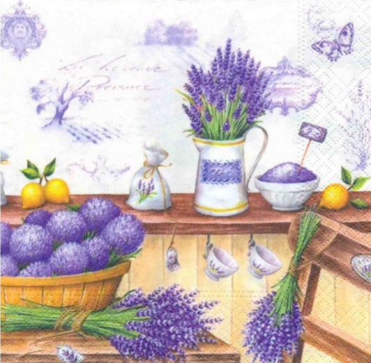 a painting of lavenders and lemons on a table