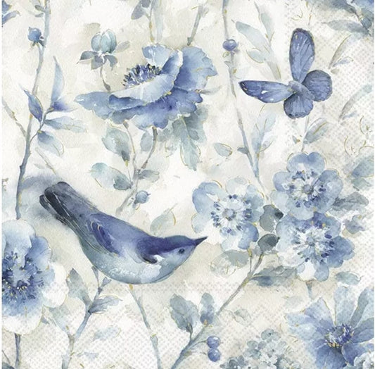 Blue Bird & Flowers Paper Napkin - Cocktail Size