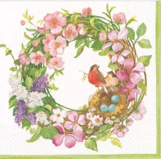 Spring Bird Wreath Paper Napkin - Cocktail Size