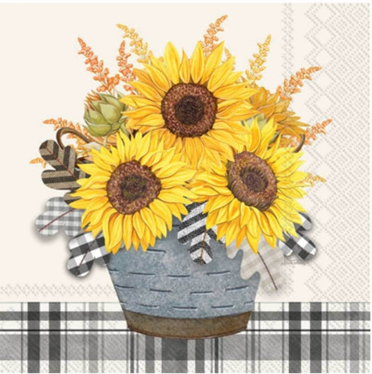 Sunflower Basket Gingham Paper Napkin - Cocktail Size