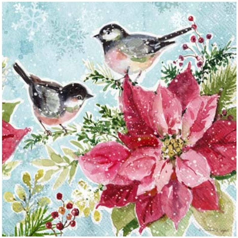 Christmas Birds Chickadee Poinsettia Paper Napkin - Cocktail Size -10" x 10" unfolded