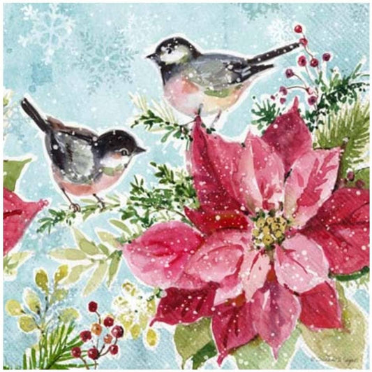 Christmas Birds Chickadee Poinsettia Paper Napkin - Cocktail Size -10" x 10" unfolded