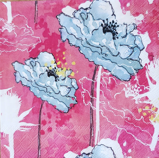 Pink Blue Poppy Flower  Paper Napkin - Cocktail Size