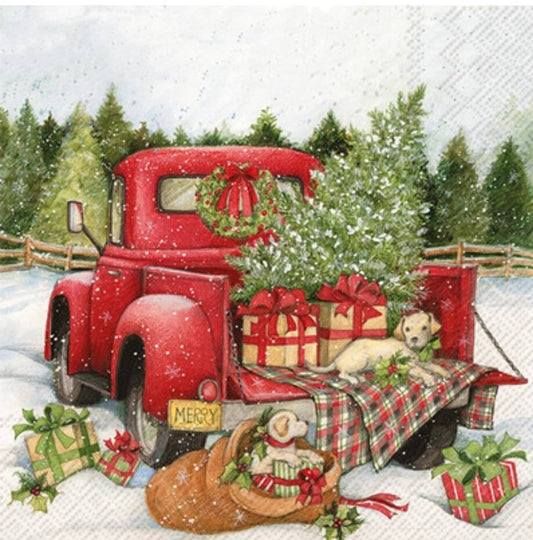Christmas Truck & Puppy Dog Paper Napkin - Cocktail Size