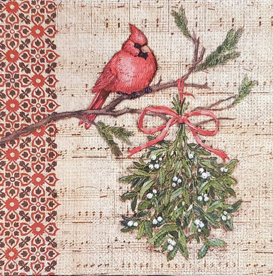 Christmas Cardinal Birds Mistletoe Paper Napkin - Cocktail Size