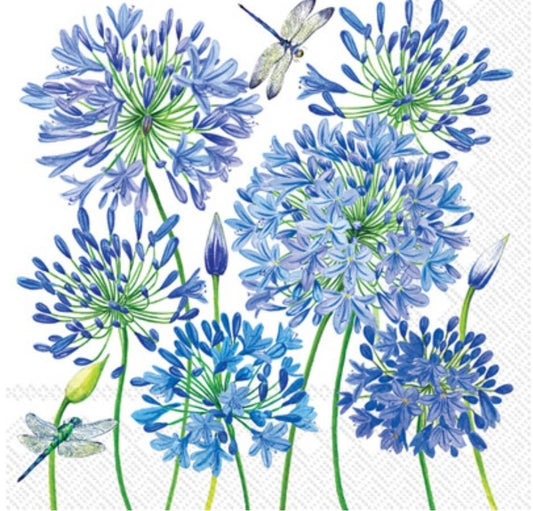 Blue Flower Dragonfly Paper Napkin - Cocktail Size