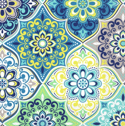 Green Blue Paisley Medallion Tile Paper Napkin - Cocktail Size