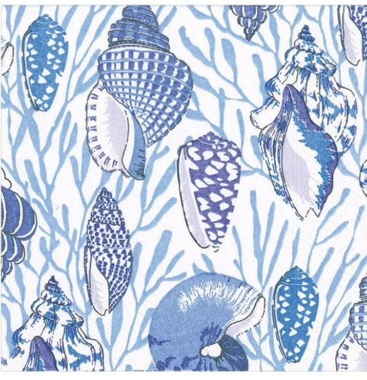 Blue and White Seashell Paper Napkin - Cocktail Size