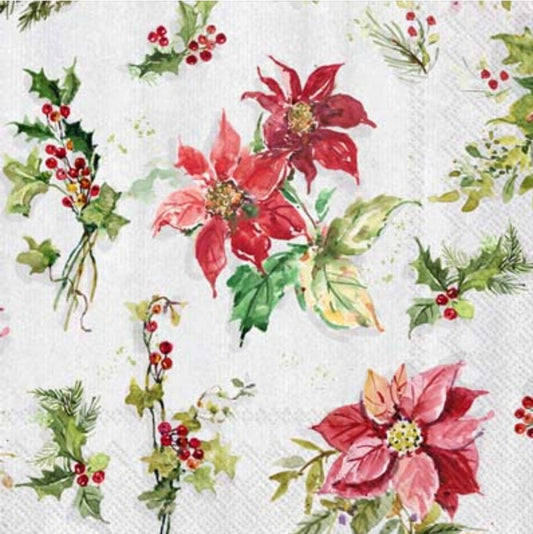 Christmas Poinsettia & Holly Paper Napkin - Luncheon Size