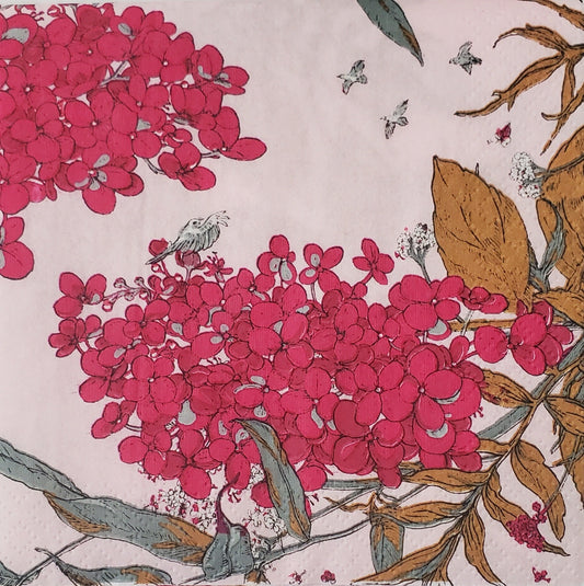 Pink Flowers & Tiny Birds Paper Napkin - Cocktail Size
