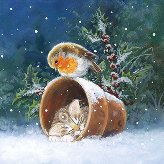Christmas Kitten & Bird  -Luncheon Size